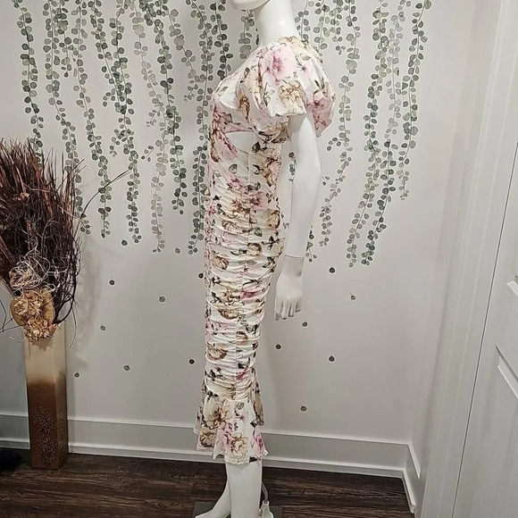 NWOT Asos puff sleeve mesh ruched wrap around pephem midi dress in soft floral p - Picture 6 of 10